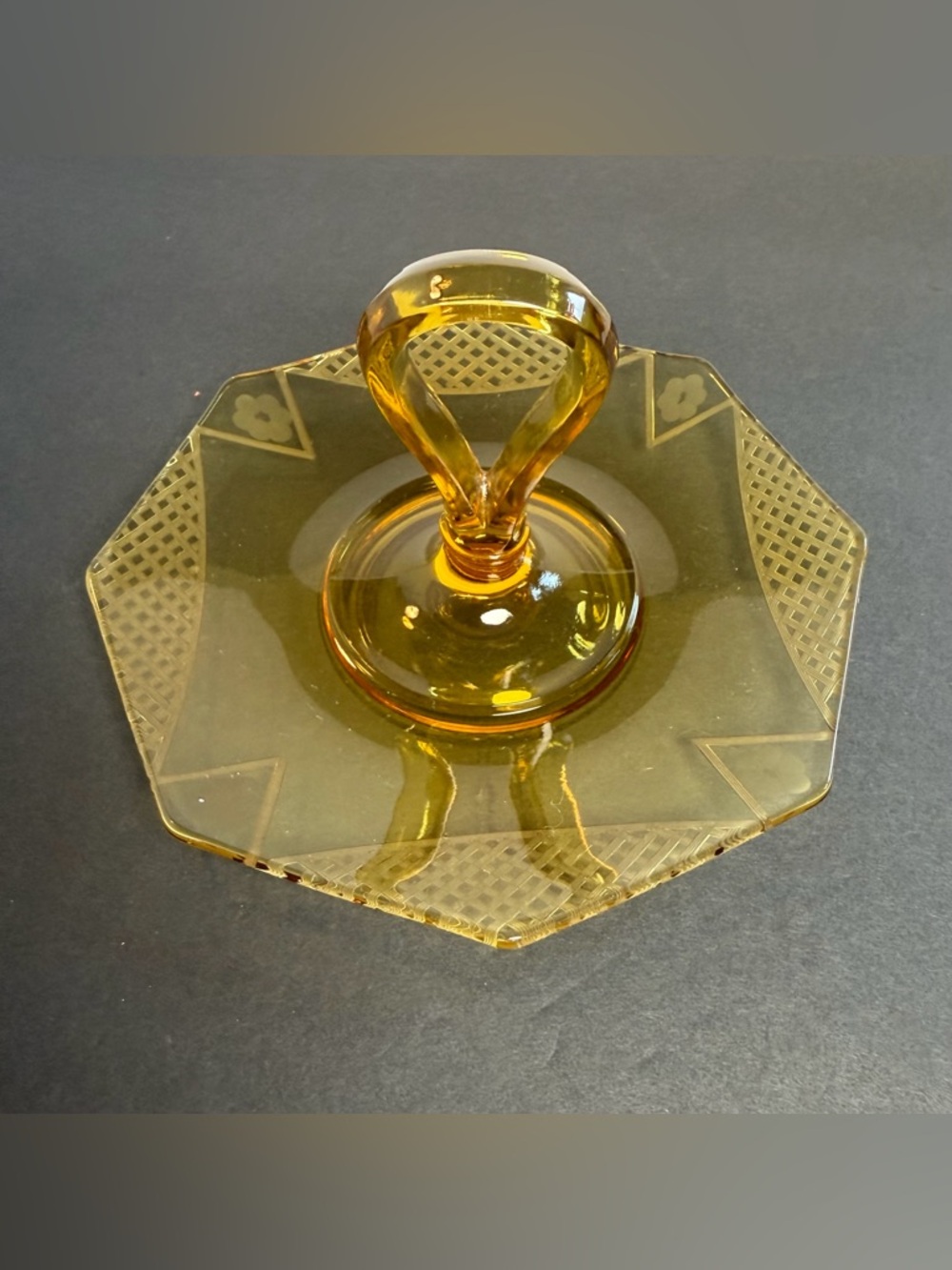 Duncan Mille Tidbit Tray, Depression Glass Lattice Floral Cutting - Amber Glass